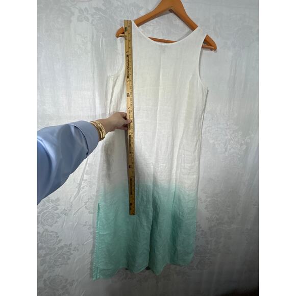 Vince Camuto Tank Dress Small White Aqua Dip Dye 100% Linen Midi Ombre Side Slit - Picture 7 of 8